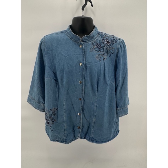 CJ Banks Women's Blue Denim Embroidered Collarless 3/4 Sleeve‎ Shirt 1X - Picture 2 of 8